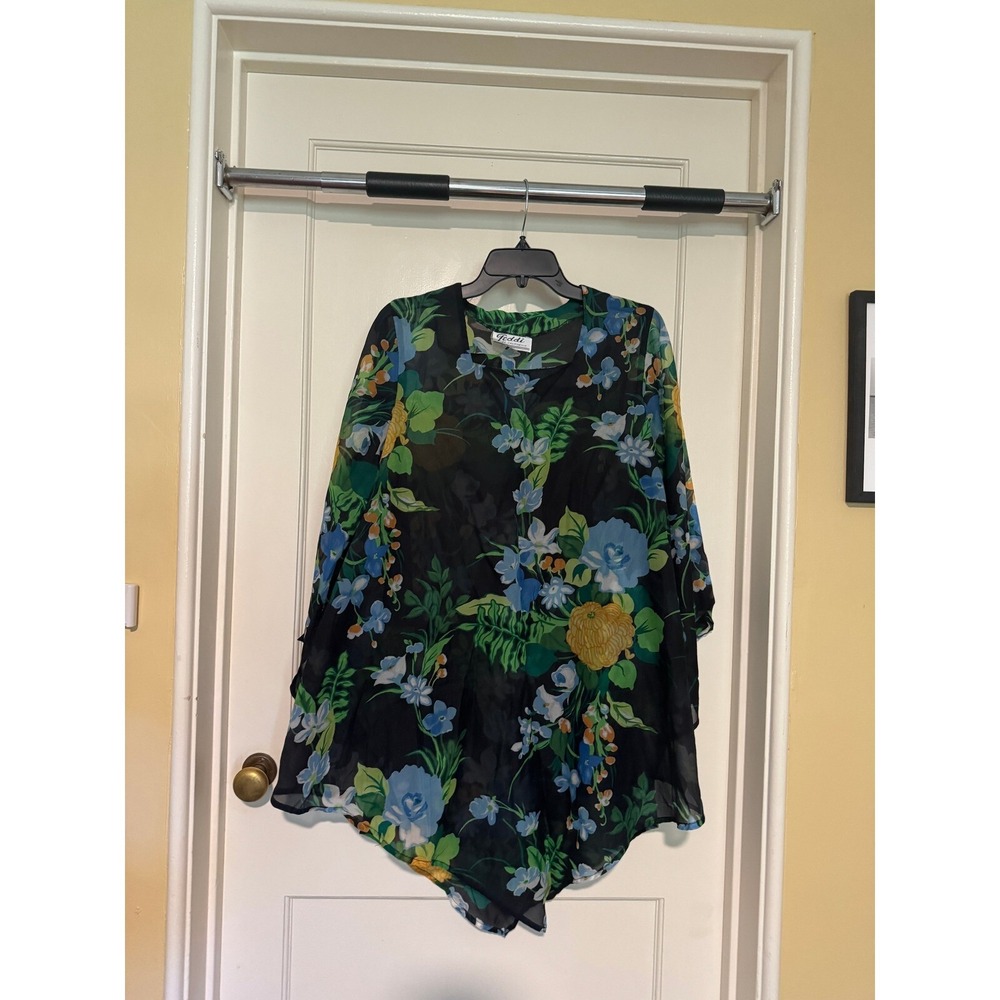 Vintage Teddi of California Floral Print Sheer Tunic Top Blouse Flowy